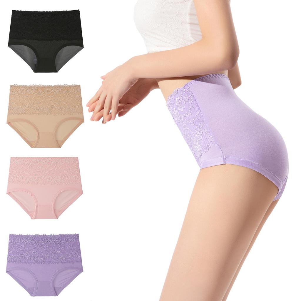 Plus Size High Waist Women's Briefs with Lace Edge In Solid Colors