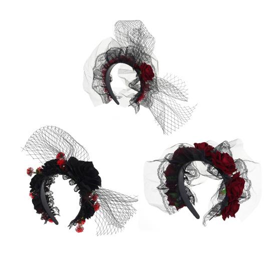 Yousheng Хэллоуин Роза Ободок для волос для женщин Готический Черное кружево Красная роза Повязки для волос Лолита Кружевной головной убор для маскарада Косплей вечеринки Волосы