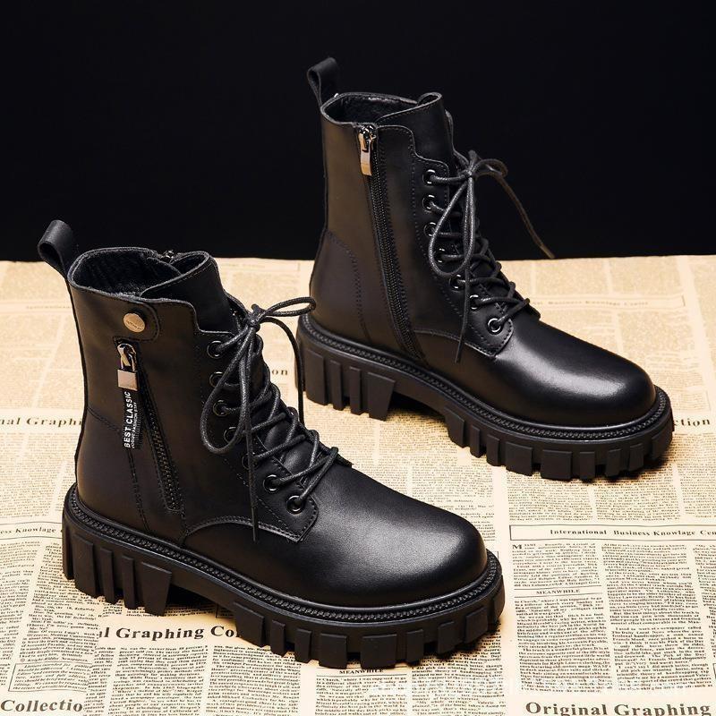 Black New Women Ankle Boots Autumn Winter Platform Zipper Women Punk Boots Thick Sole Lace Up Combat Booties Female Mujer