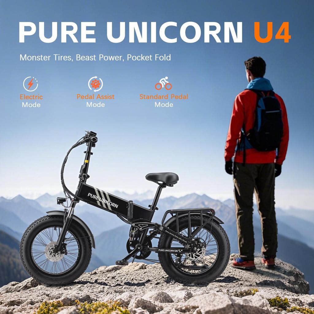Складной электрический велосипед PURE UNICORN U4, мотор 1000 Вт, аккумулятор 48 В 15 Ач, широкие шины 20*4 дюйма, максимальная скорость 48 км/ч, запас хода 60 км, 7-скоростная трансмиссия Shimano