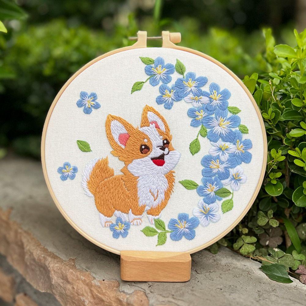Floral Patterns Cross Stitch Set Corgi Embroidery Set Home Decor Dog Embroidery Kit Beginner