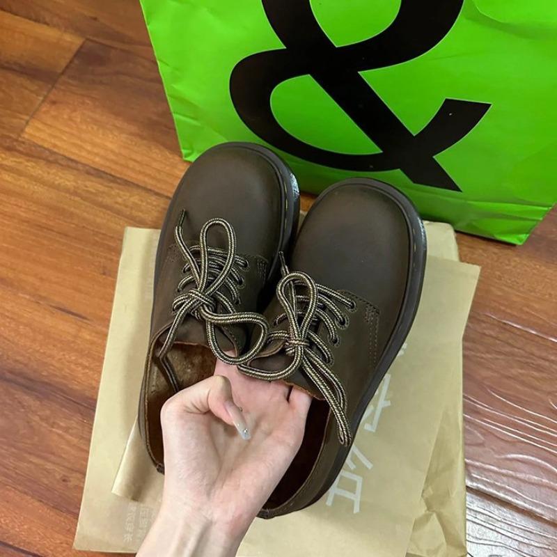 Версия из овчины~ Кожаные туфли Мартина с круглым носком цвета коричневый Crazy Horse, маленькие кожаные туфли, женские туфли на платформе-маффине, одинарные туфли