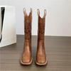 Женские вышитые ковбойские сапоги из мягкой кожи - Ретро коричневые до середины икры в пустынном летнем стиле (2025)