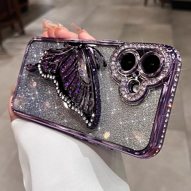 Applicable To Apple 16 Mobile Phone Case Electroplating Edge Drill 14/13 Quicksand Butterfly IPhone 15 Promax Protection Case