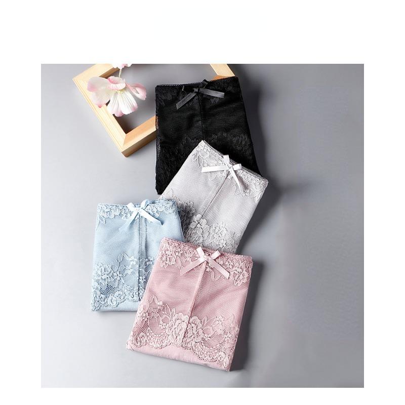 Sexy Lace Underwear Cotton Crotch Lace Edge Mid Waist Underwear Women's Seamless Lace Underwear Boxed In 4 Pieces