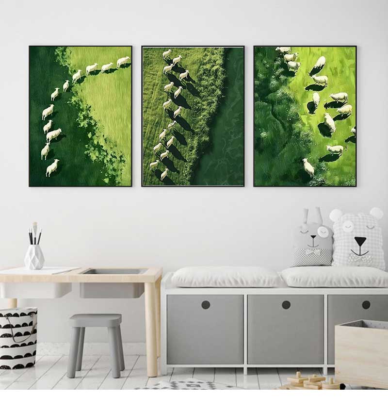 Modern Minimalist Pastoral Frameless Canvas Poster, Green Background with Sheep Herd, Wall Mural for Home Decor