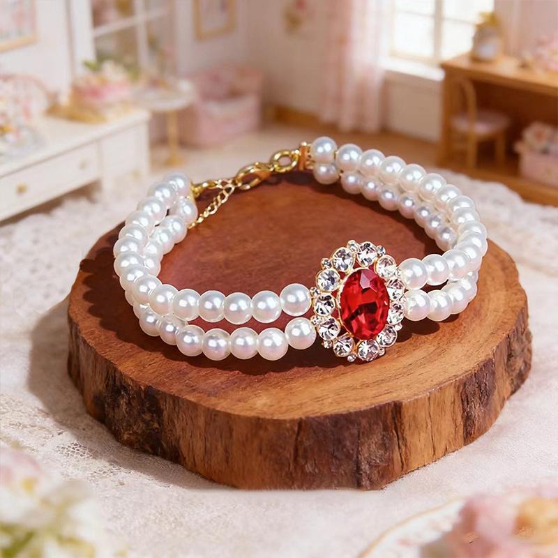 Double‑Layer Pearl Pet Necklace Rhinestone Gem Decor Collar For Cats Small Dogs Photo Accessory
