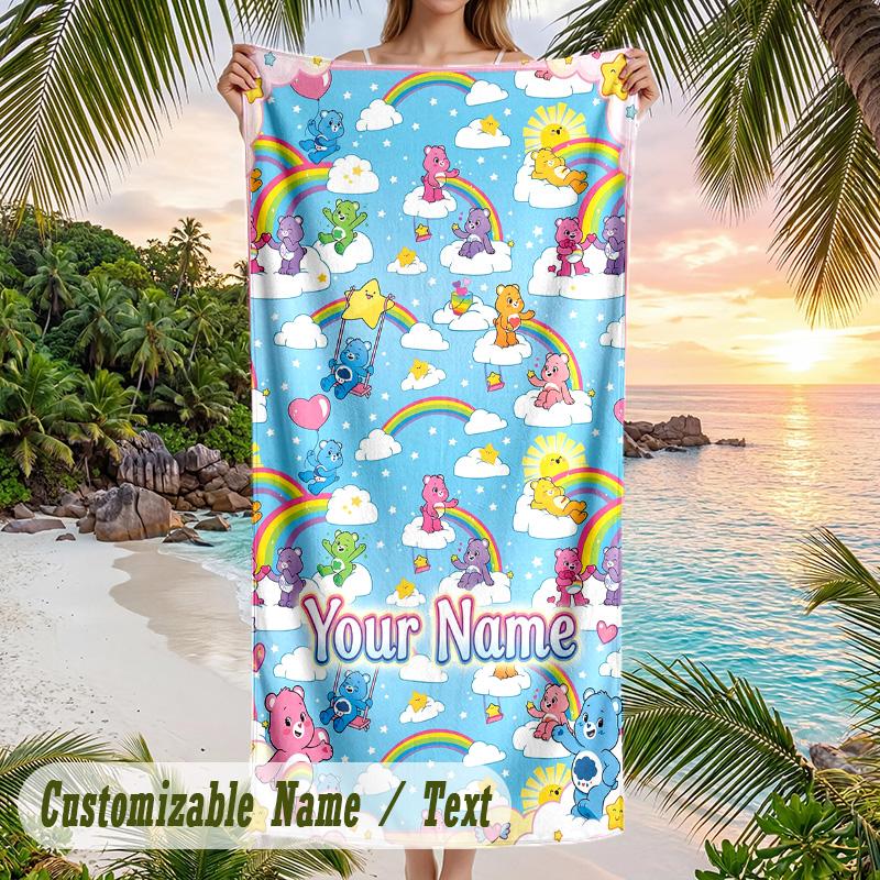 Care Bears Beach Towel, Personalized Custom Text, Quick Dry Soft Large Towel For Swimming Pool Travel