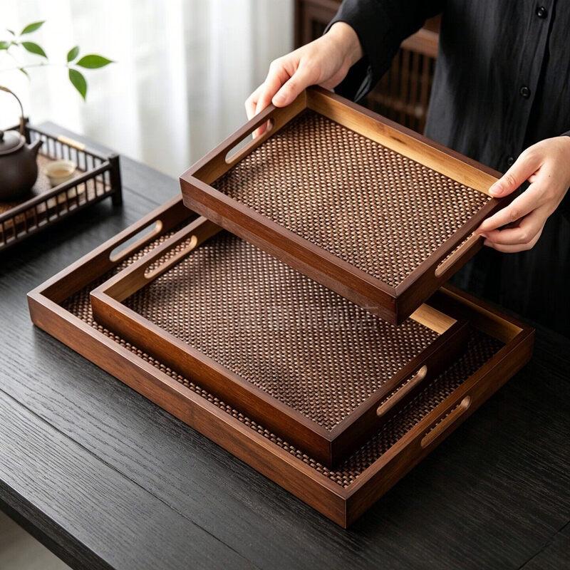 Ретро плетеная из ротанга и бамбука сервировочная тарелка Chixing с ручками