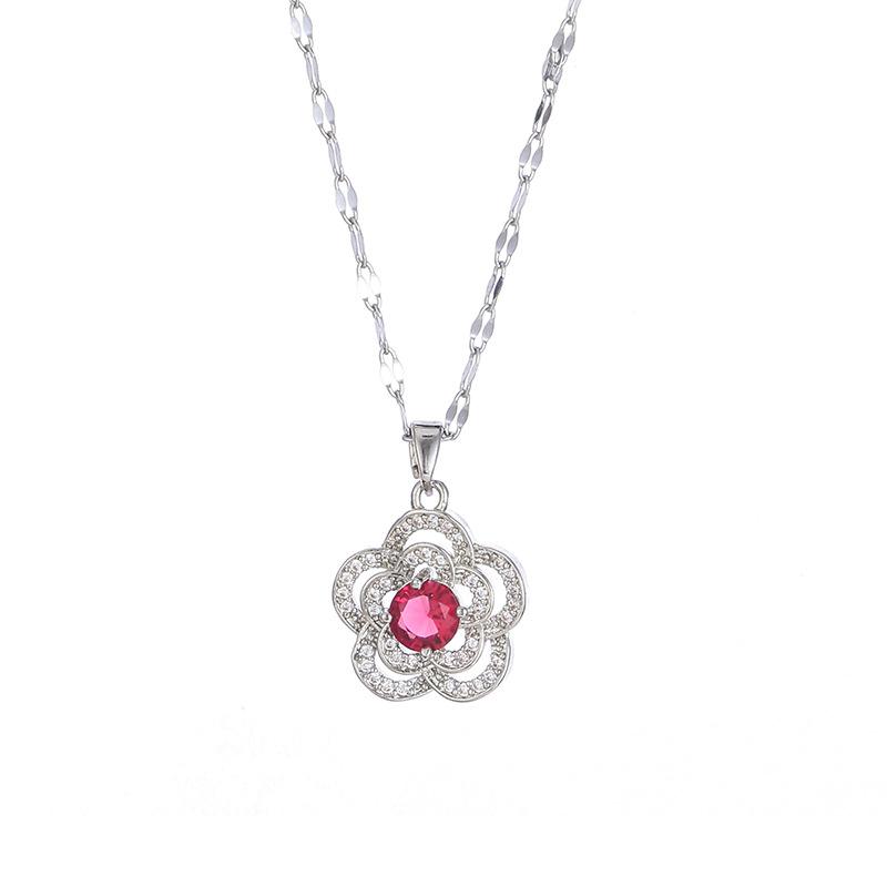 Ruby Necklace Women'S Simple And Versatile Trend Temperament Zircon Flower Pendant Collarbone Chain