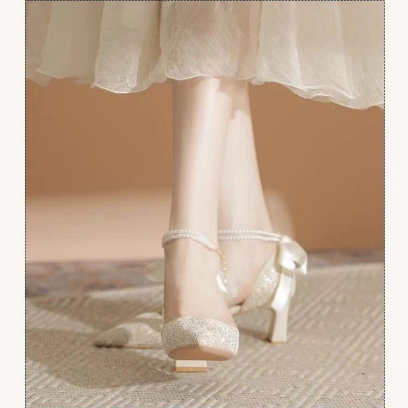 2024 Новые Летние Туфли-лодочки с Острым Носом и Жемчугом Женские Туфли на Высоком Каблуке Банкетные Сексуальные Женские Сандалии Белые Женские Туфли