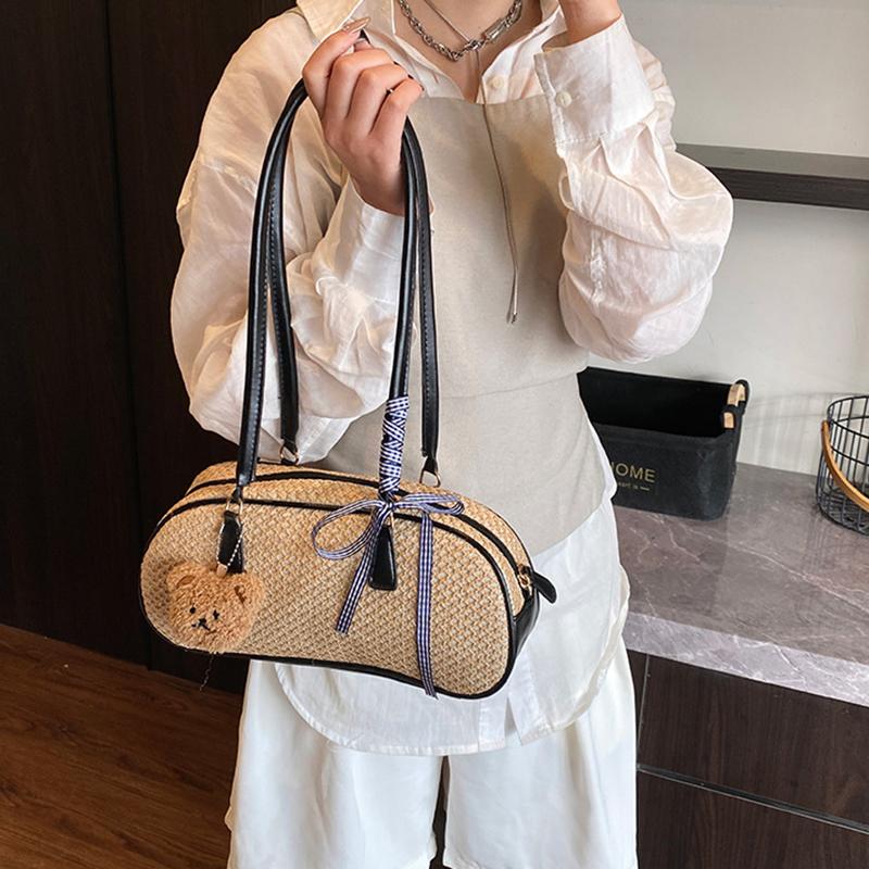 Yogodlns Весенняя новая простая летняя пляжная сумка через плечо с бантом для поездок на работу и отдыха, универсальная плетеная соломенная сумка подмышкой для женщин