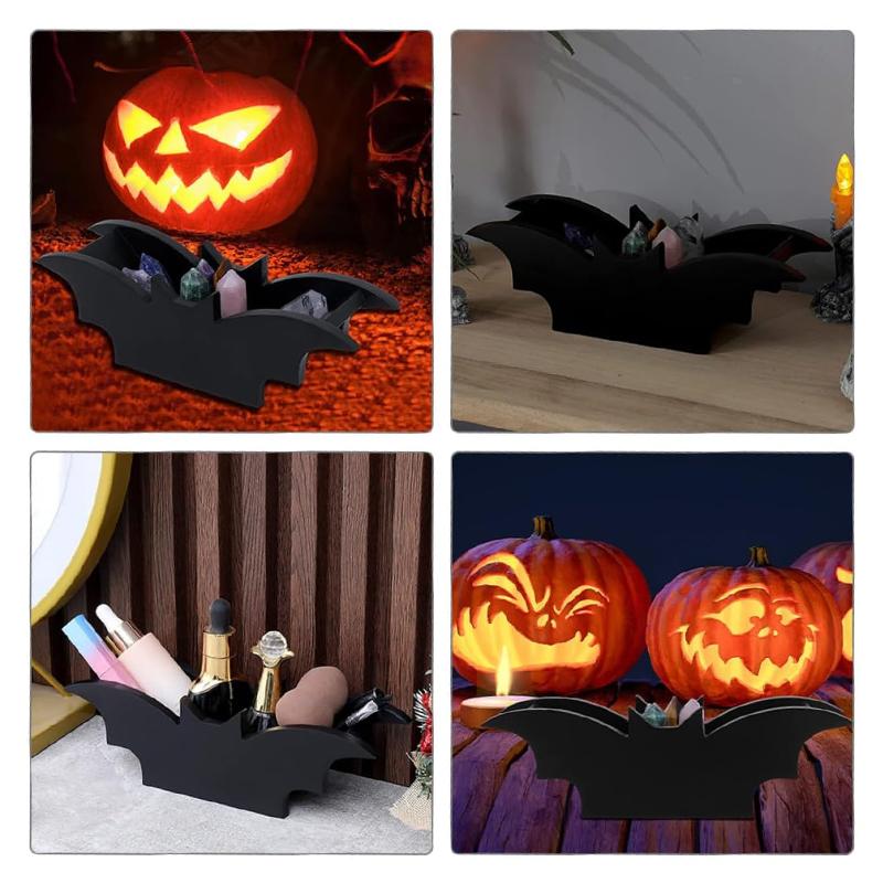 Halloween Bat Makeup Brush Holder Gothic Wooden Storage Box Display Holder Cosmetics Jewelry Storage Tray Home Party