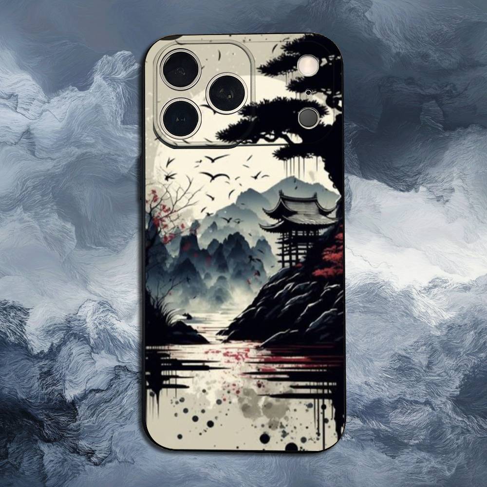 Арт Японский Стиль Для iPhone 12,16,11,14,15,17,13,X,Mini,SE,Max,8,7,XR,XS,Plus,Pro,Мягкий Силиконовый Черный Чехол