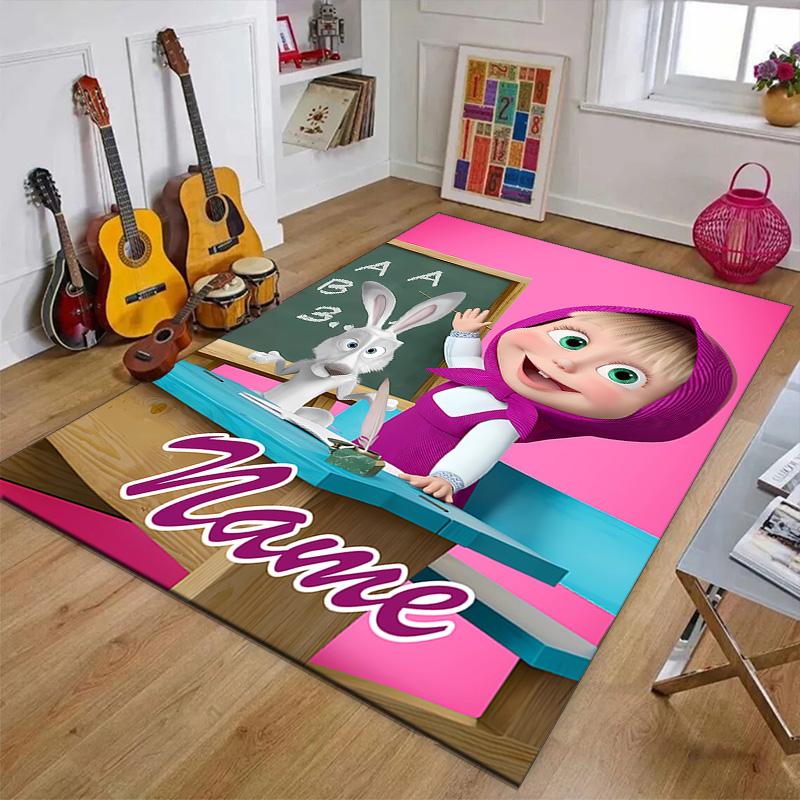 Custom Masha and the Bear Mat Personalized Name, Polyester Washable Indoor Entryway Rug, Gift for Christmas, Easter, Thanksgiving Day