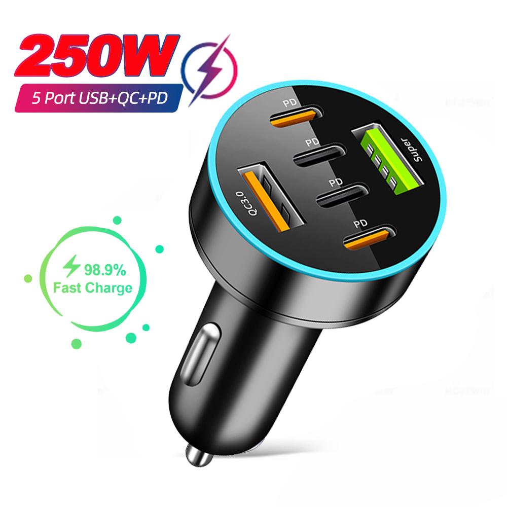 Автомобильное зарядное устройство PD мощностью 250 Вт с 6 портами для быстрой зарядки PD QC 3.0 USB C, автомобильное быстрое зарядное устройство, адаптер Type-C в автомобиле для iPhone, Samsung, Xiaomi