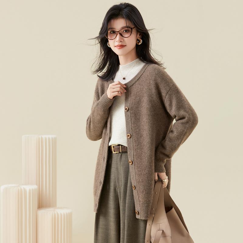 Thick up! Yak wool+rabbit fur round neck solid color knitted women's autumn and winter mid to long versatile wool sweater
