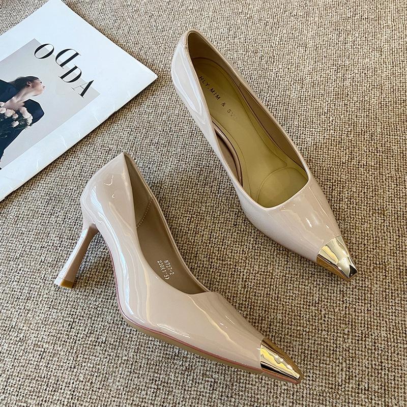 G8727-2 metal head high heels women's 2025 summer new square head French temperament thin heel single shoes versatile women