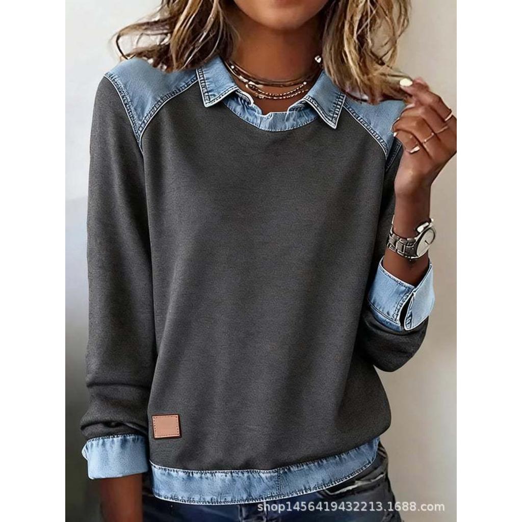 Women's Clothing, Denim Collar Long Sleeved Pullover Spliced Knit Sweater Top