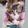 Женский свитер, модная футболка с круглым вырезом и длинным рукавом, свободная одежда из искусственного хлопка, женская повседневная футболка с милым котом для девочек, уличная одежда