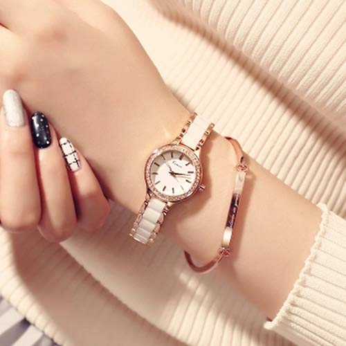 KIMIO K6121 Женские простые часы с белым керамическим и розово-золотым браслетом и бриллиантовым циферблатом