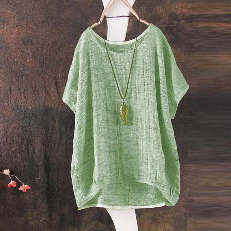 Summer Plain Loose T-Shirt Round Neck Cotton Blend Blouse Plus Size Baggy Tops Tee Shirts