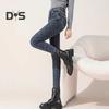 Women Winter Plush Jeans High Waist Thick Velvet Lined Slim Fit Pencil Pants Button Zipper Closure Pockets Straight Leg Trousers for Street to Party