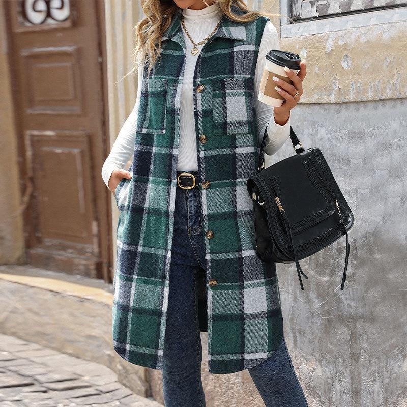 Sleeveless Turn Down Collar Plaid Mid Length Women S Vest