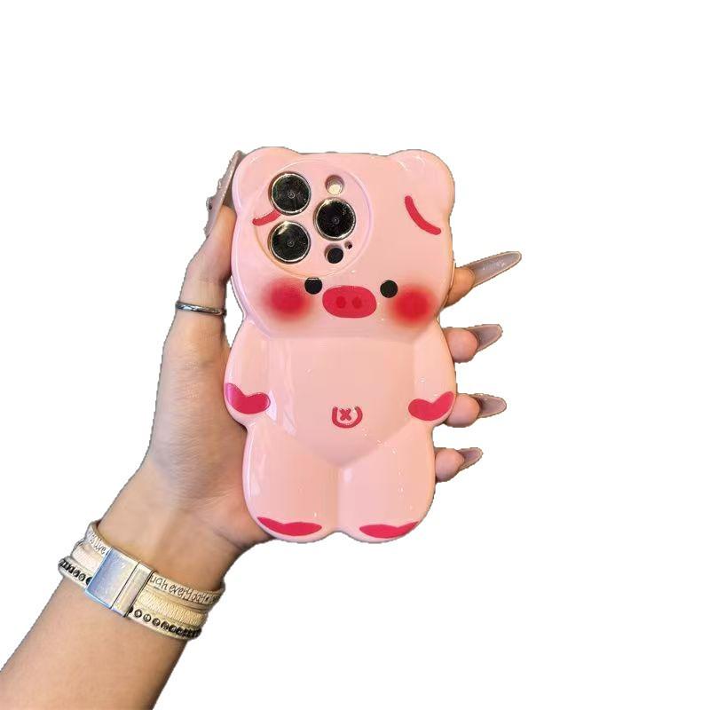 3D чехол для iPhone с мишкой и розовой свиньей для моделей 16, 15 Pro Max, 14/13 - Защитный чехол