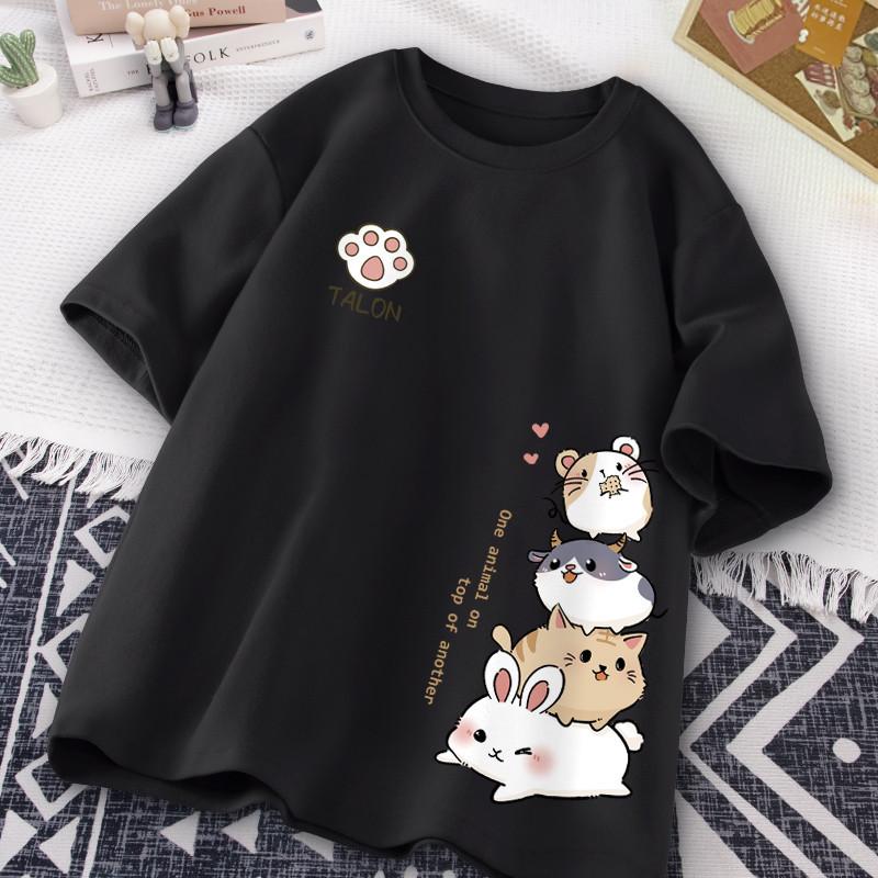 Japanese Cute Hamster Style Sweet Print Daily Wear Short Sleeve T-shirt Women's Loose Casual Teenage Student Half Sleeve Top