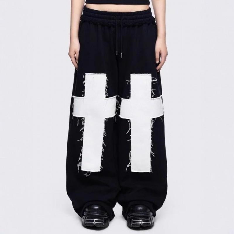 Street Hip Hop Cross Letter Embroidered Sweatpants Loose Wide Leg Pants Men Women