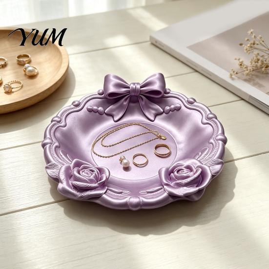 Cute Desk Organizer for Women 3D Printed Bow And Rose Jewelry Tray, Decorative Bowknot Storage French Style Vanity Accessory Rings Earrings Necklaces,
