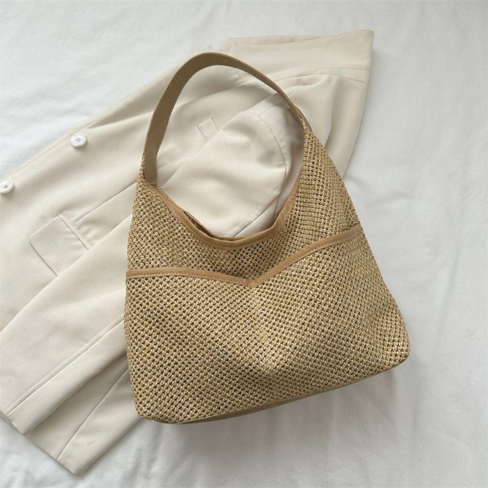 Khaki Straw Shoulder Bag Large Capacity Underarm Tote Bag Summer Woven Handbag Female