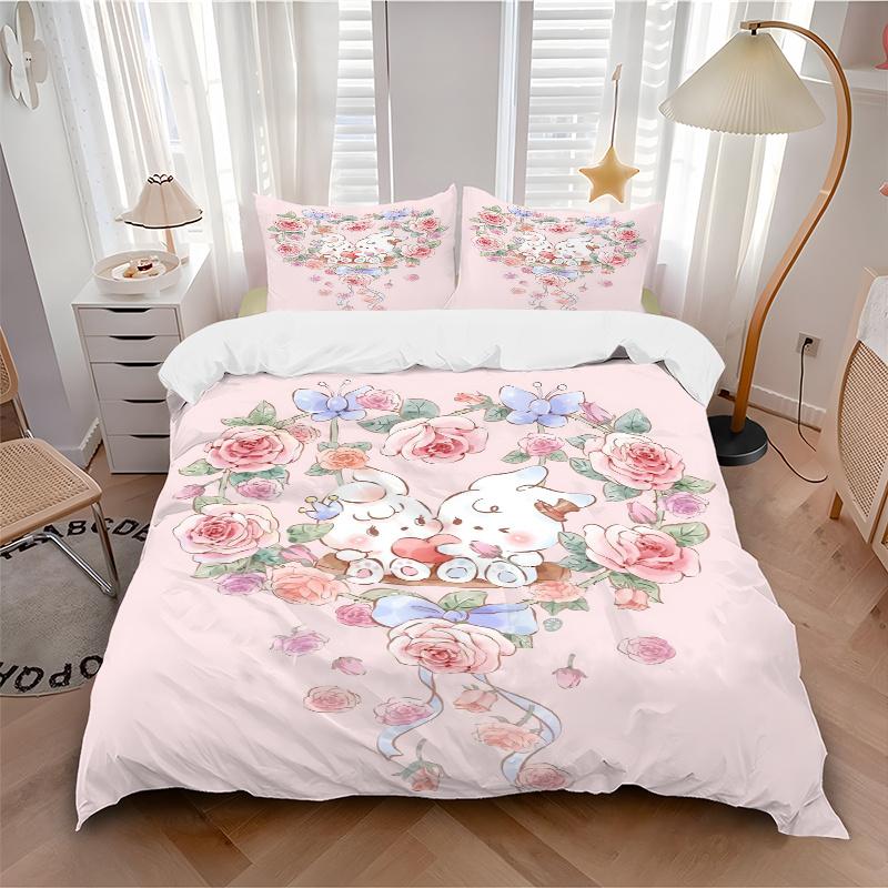 3pcs Love Flowers & Bunnies Printed Quilt Set - Soft and Comfortable Quilt Cover for Bedroom, Guest Room and Dormitory Decorative Bedding Se