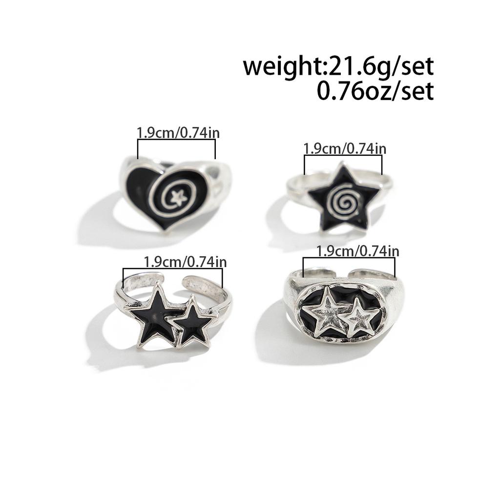 Dark Oil Drip Pentagram Ring Set for Men Hip Hop Niche Heart Ring Men's Jewelry