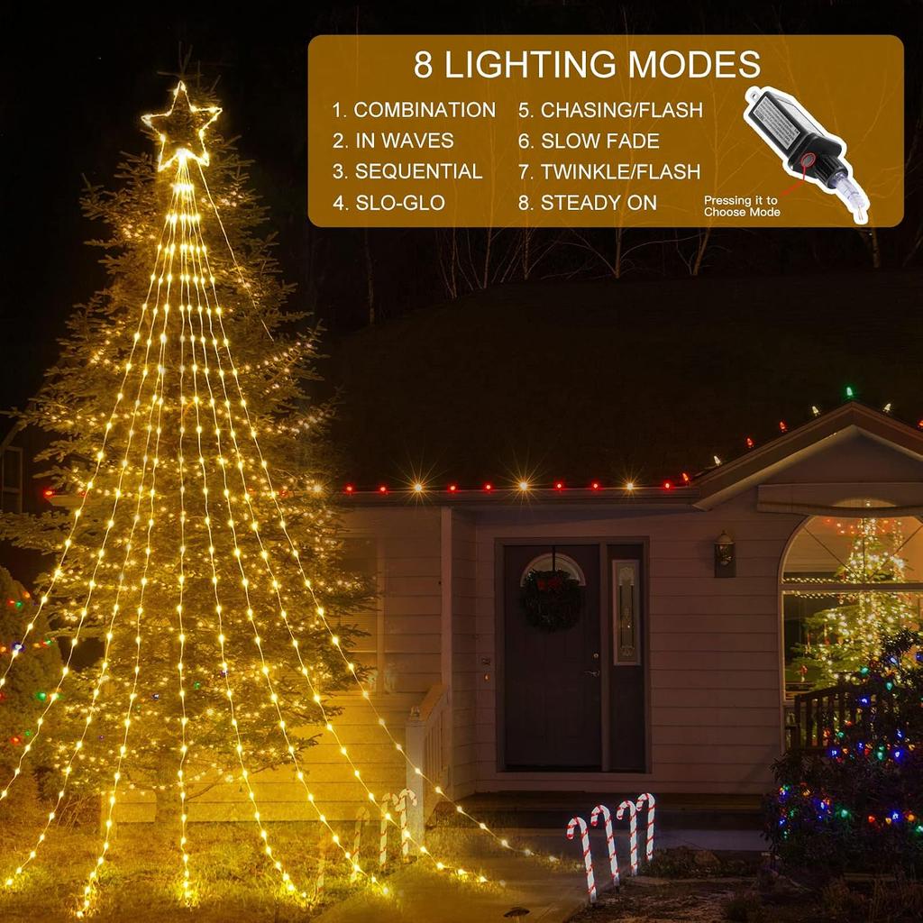 Christmas Decorations Star String Lights - 344 LED 11.8ft 9 Strands Waterfall Tree Lights with Topper Star, 8 Lighting Modes Christmas Lights Indoor