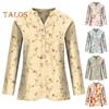 Women Shirt Stand Collar V-Neck Buttons Half Placket Long Sleeve Pullover Tops Flower Print Loose Fit Blouse