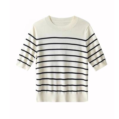 Женская трикотажная футболка в полоску из 100% хлопка, брендовая дизайнерская футболка в стиле ретро с коротким рукавом, шикарная универсальная свободная футболка с круглым вырезом C-087