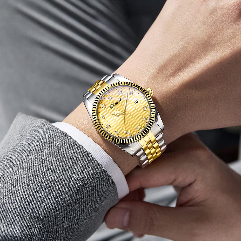 CHENXI Fully Automatic Mechanical Watch for Men Business Luxury Diamond Calendar Luminous Gold Steel Strap Man Watches