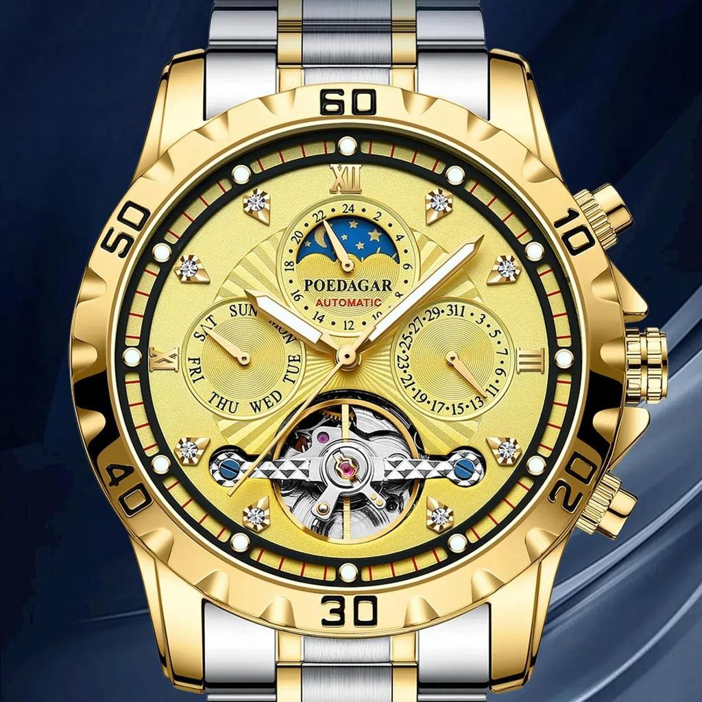 POEDAGAR Роскошные мужские золотые автоматические механические часы с фазой Луны и турбийоном наручные часы с автоматической датой и неделей из нержавеющей стали