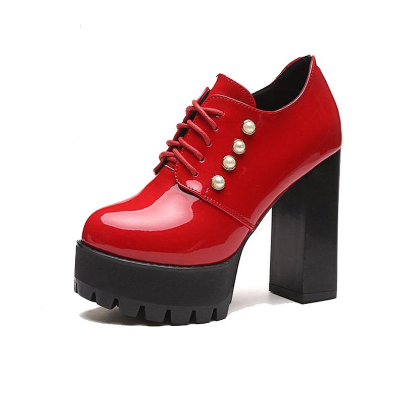 Fashion Spring and Autumn New High-heeled Single Shoes Fashion Solid Lace Up Patent Leather Pumps for Women Chunky Heeled Ladies Shoes