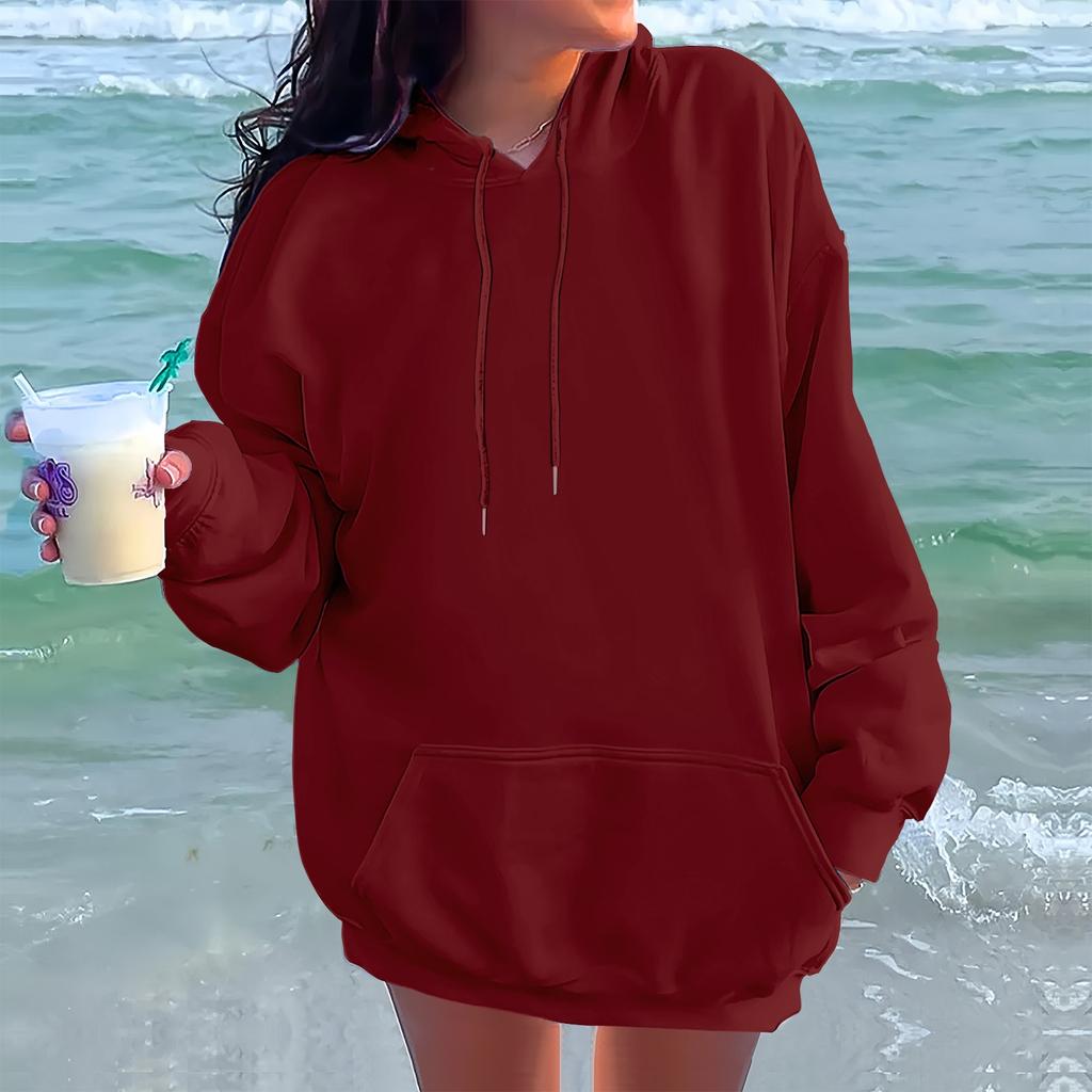 Женская модная повседневная толстовка с длинными рукавами и круглым вырезом с капюшоном, однотонная толстовка с прошитой нитью