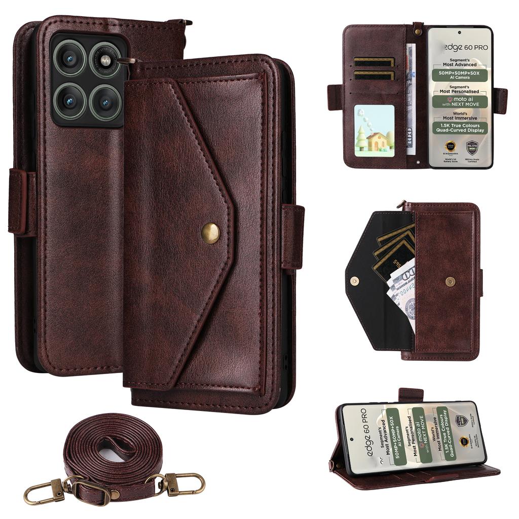 For Motorola Edge 60 Pro 5G Leather Case Magnetic Closure Wallet Stand Phone Cover with Crossbody Strap