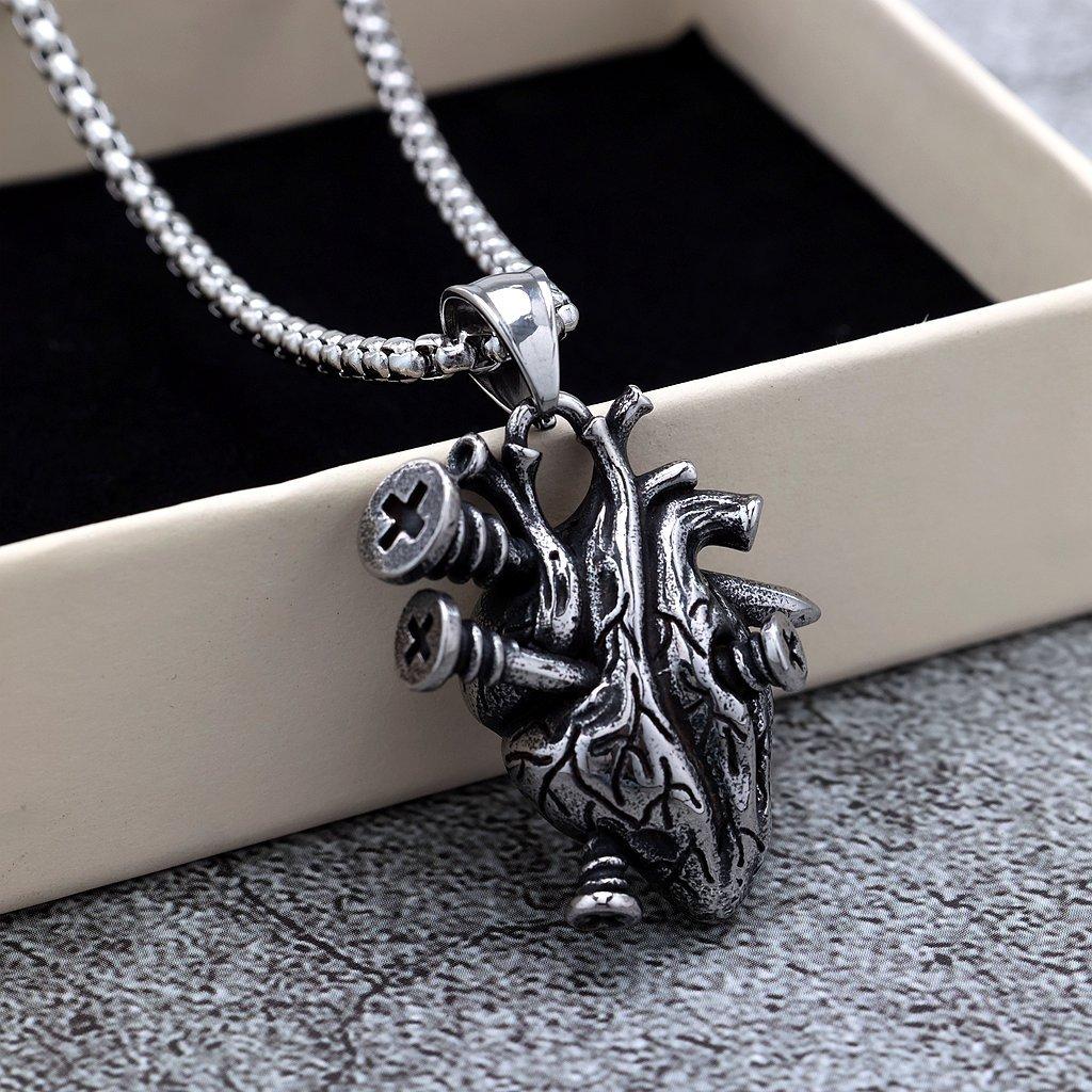 Vintage Stainless Steel Men's Screw Heart Pendant Gothic Punk Necklace