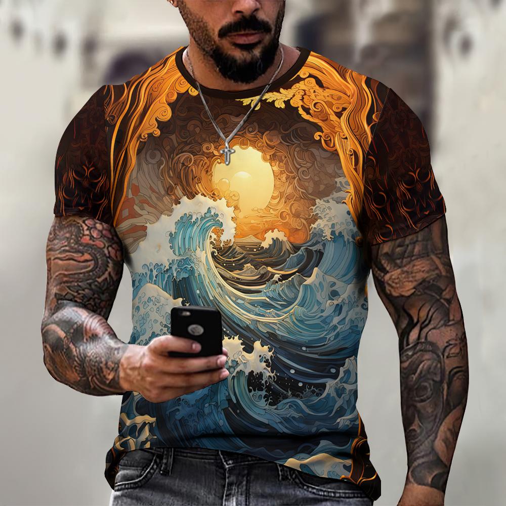 Men's T-Shirt Japanese Style Ukiyo-e Graphic 3D Printed T-Shirt Casual Short Sleeved Tee Outdoor Oversized Men Clothing Tops New