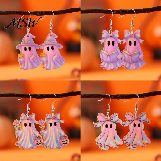 Curved Hook Earrings 1 Pair Acrylic Halloween Earrings, Cute Pink Ghost Dangle Jewelry Drop Holiday Costume for Women