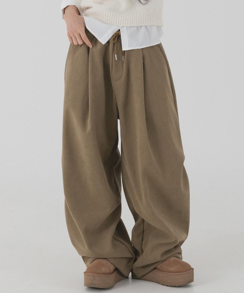 PIANER Corduroy Bonded Wide Parachute Pants (Brown)