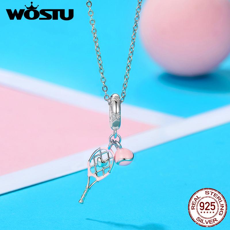 WOSTU 925 Sterling Silver Princess Pink Sport Serie Headphone Pendant Tennis Charm Volleyball Barbell Bead Fit Braceket DIY Make