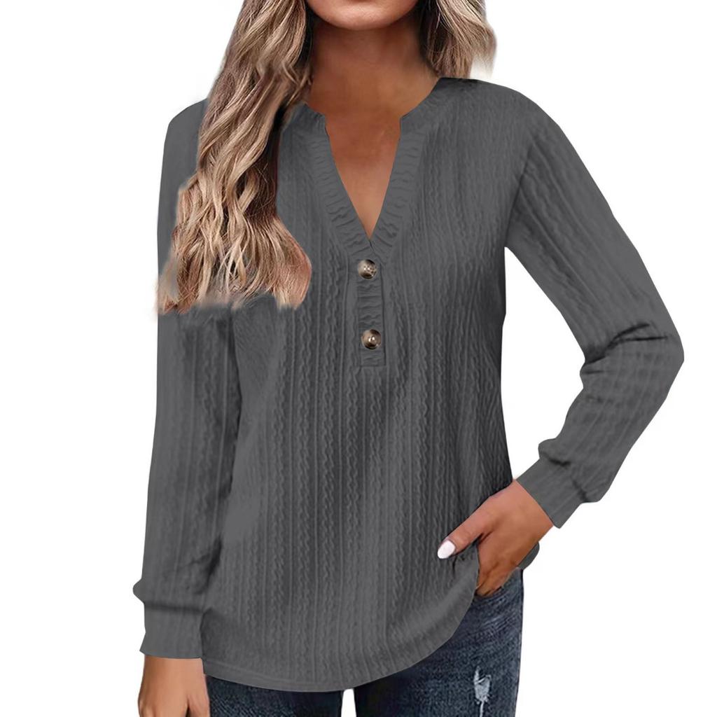 Autumn and Winter Women's Long Sleeved Solid Color V-neck Button T-shirt Top