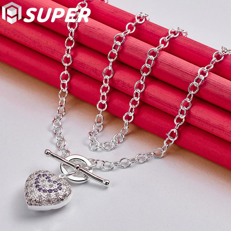 Ювелирные изделия из стерлингового серебра 925 пробы с 18-дюймовым фиолетовым цирконом ААА на цепочке в форме сердца